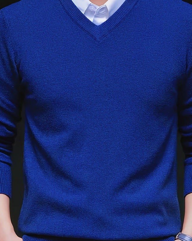 Men's V-Neck Long Sleeve Sweater - Soft Knit Pullover for Winter