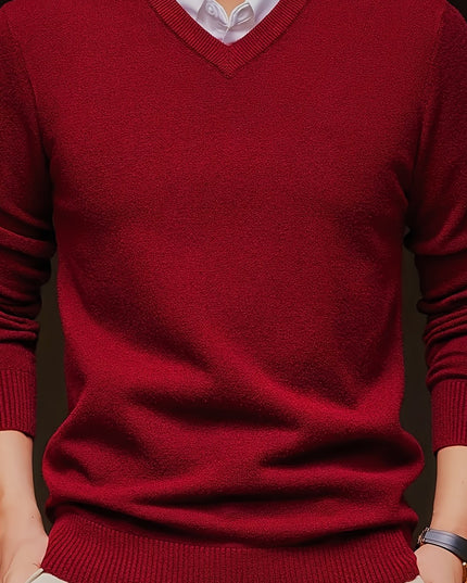 Men's V-Neck Long Sleeve Sweater - Soft Knit Pullover for Winter