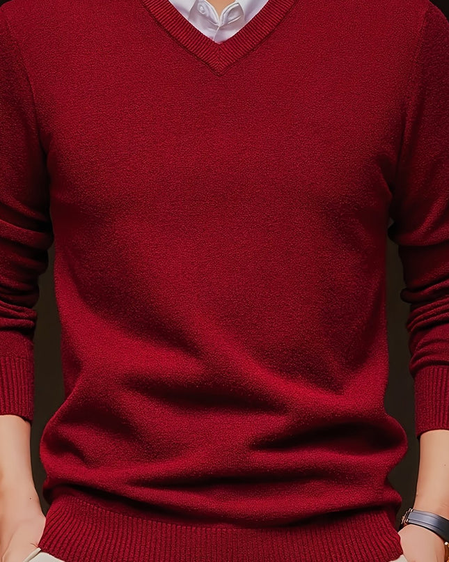 Men's V-Neck Long Sleeve Sweater - Soft Knit Pullover for Winter