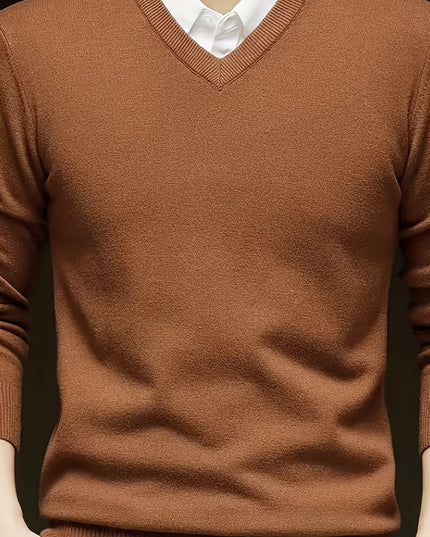 Men's V-Neck Long Sleeve Sweater - Soft Knit Pullover for Winter