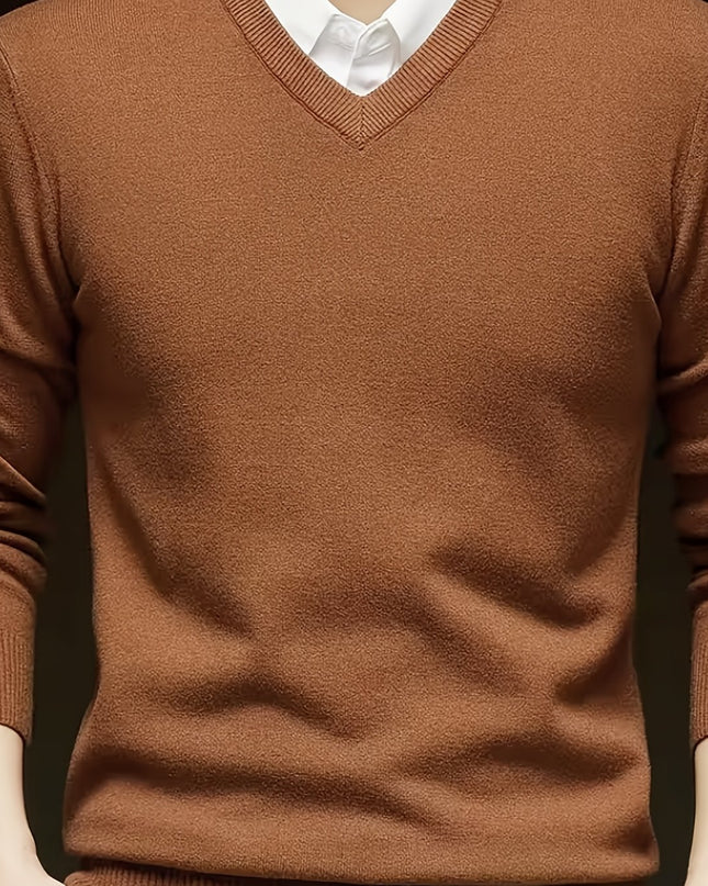 Men's V-Neck Long Sleeve Sweater - Soft Knit Pullover for Winter