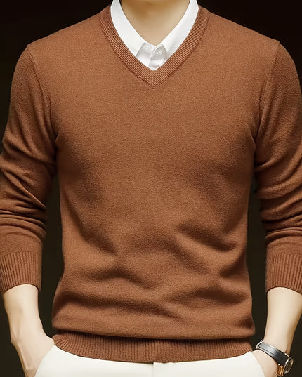 Men's V-Neck Long Sleeve Sweater - Soft Knit Pullover for Winter