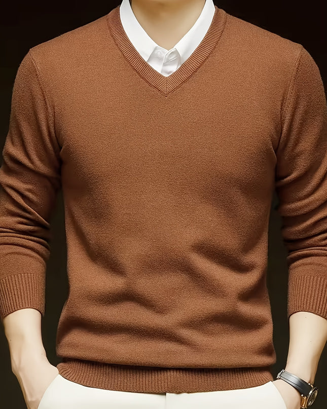 Men's V-Neck Long Sleeve Sweater - Soft Knit Pullover for Winter
