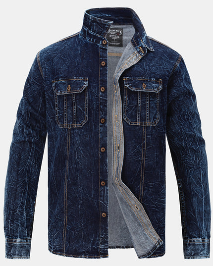 Men's Vintage Denim Shirt Jacket - Lapel Collar, Casual Workwear