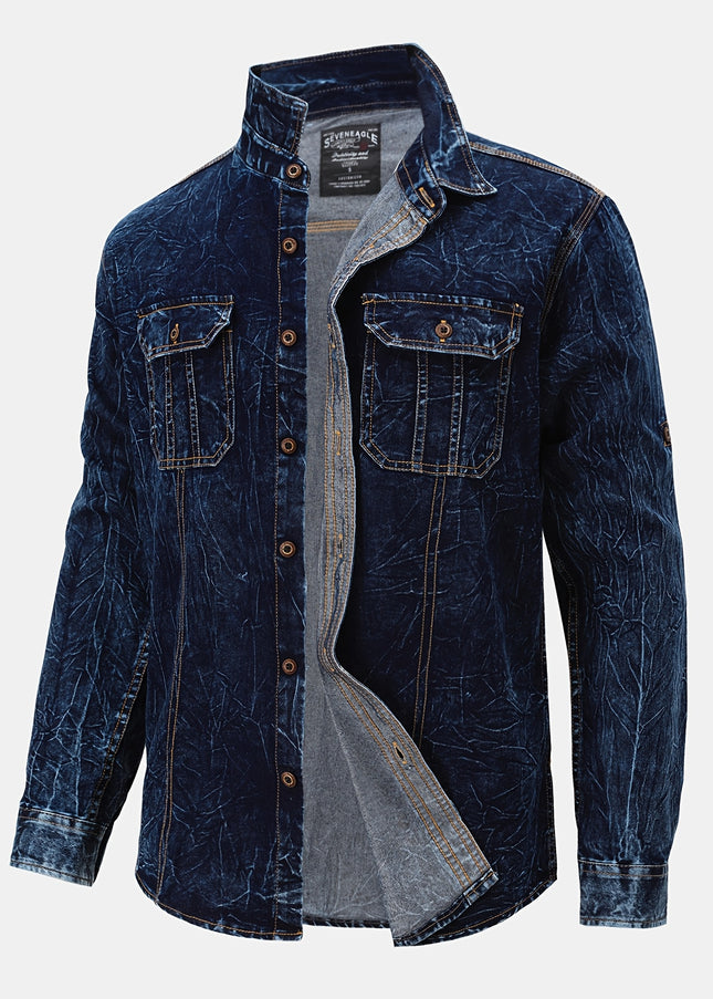 Men's Vintage Denim Shirt Jacket - Lapel Collar, Casual Workwear