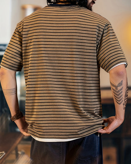 Men's Vintage Striped Shirt - Short Sleeve, Embroidered Design