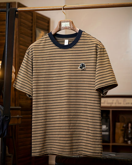 Men's Vintage Striped Shirt - Short Sleeve, Embroidered Design