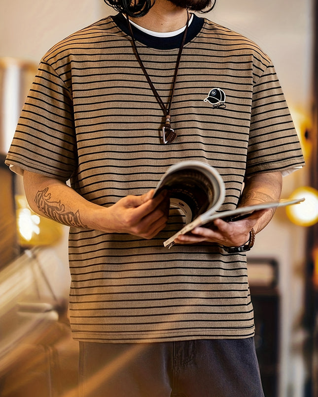 Men's Vintage Striped Shirt - Short Sleeve, Embroidered Design