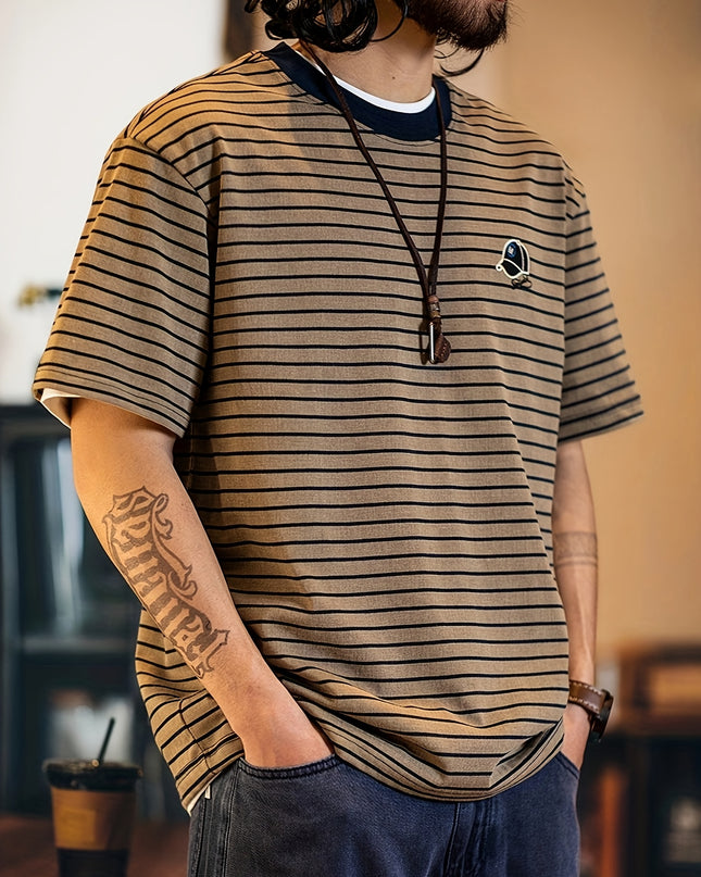 Men's Vintage Striped Shirt - Short Sleeve, Embroidered Design