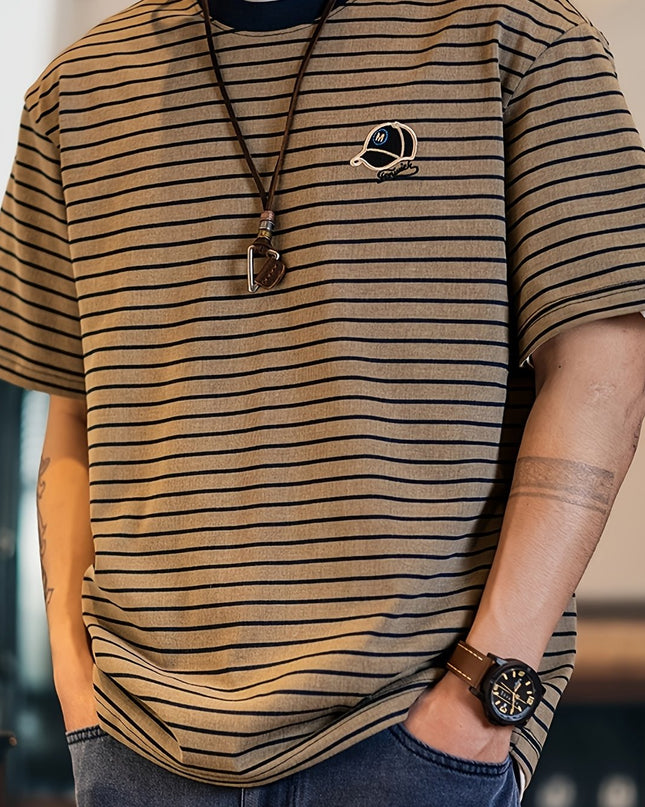 Men's Vintage Striped Shirt - Short Sleeve, Embroidered Design