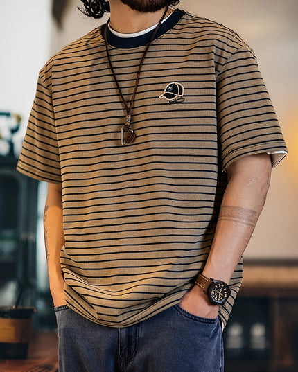 Men's Vintage Striped Shirt - Short Sleeve, Embroidered Design