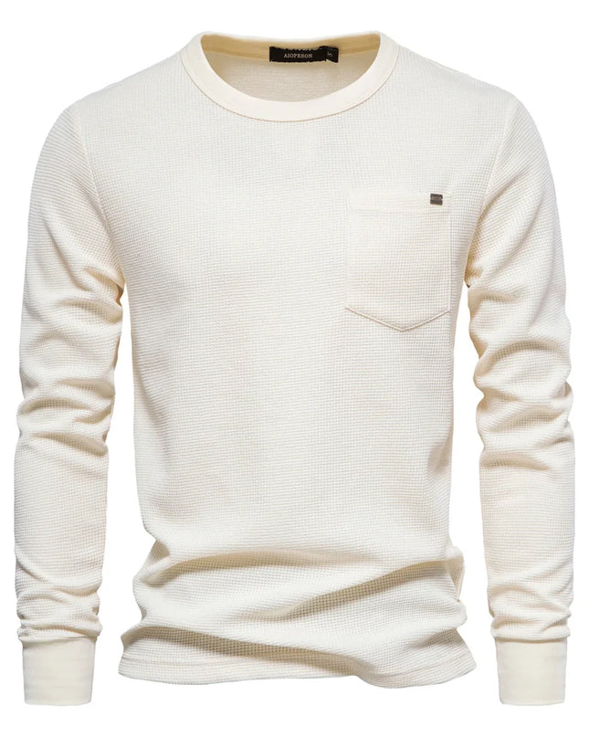 Men's Waffle Cotton Long Sleeve T-Shirt - Casual Solid Color Top