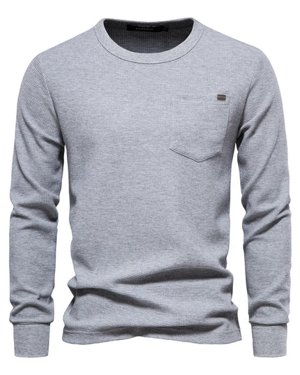 Men's Waffle Cotton Long Sleeve T-Shirt - Casual Solid Color Top