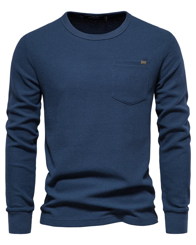 Men's Waffle Cotton Long Sleeve T-Shirt - Casual Solid Color Top