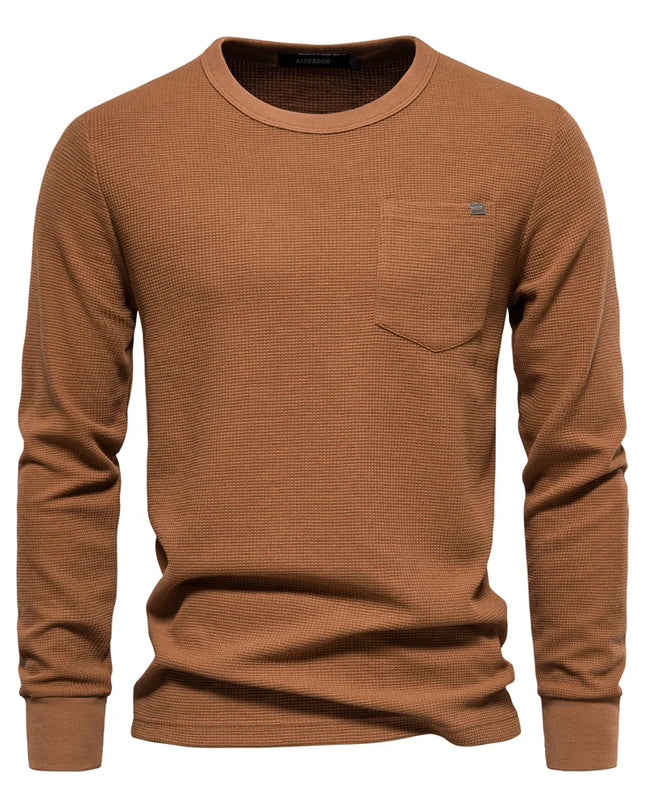 Men's Waffle Cotton Long Sleeve T-Shirt - Casual Solid Color Top