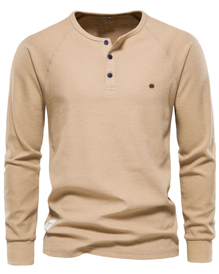 Men's Waffle Henley T-Shirt - Breathable Casual Long Sleeve