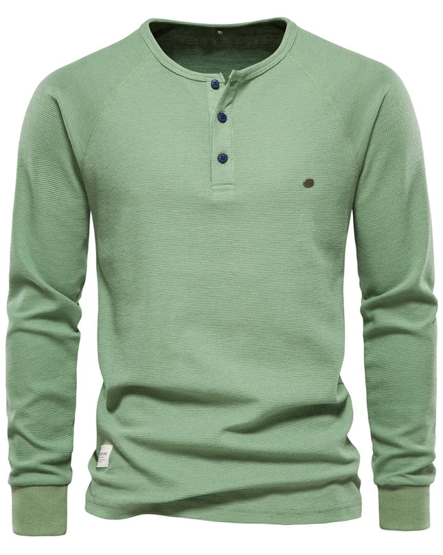 Men's Waffle Henley T-Shirt - Breathable Casual Long Sleeve