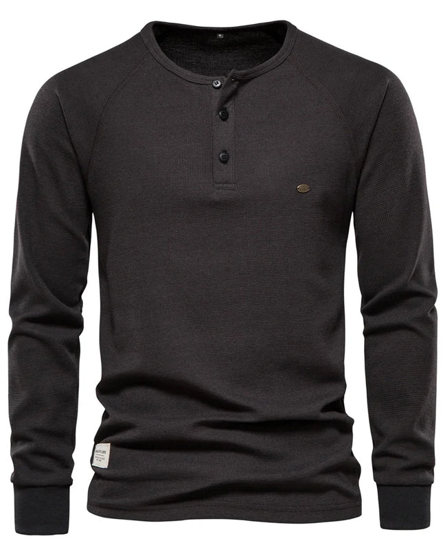 Men's Waffle Henley T-Shirt - Breathable Casual Long Sleeve
