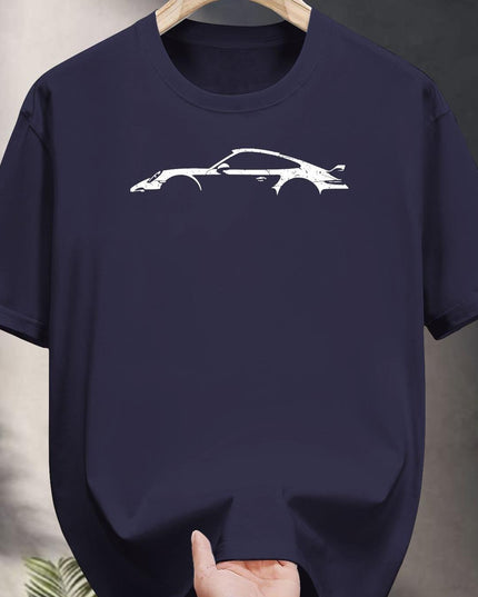 Men's White T-Shirt - Black Sports Car Print, Breathable Cotton