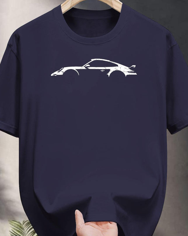 Men's White T-Shirt - Black Sports Car Print, Breathable Cotton