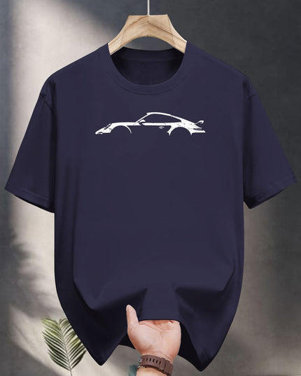 Men's White T-Shirt - Black Sports Car Print, Breathable Cotton