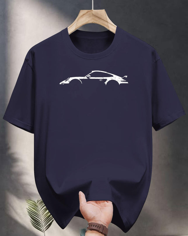 Men's White T-Shirt - Black Sports Car Print, Breathable Cotton
