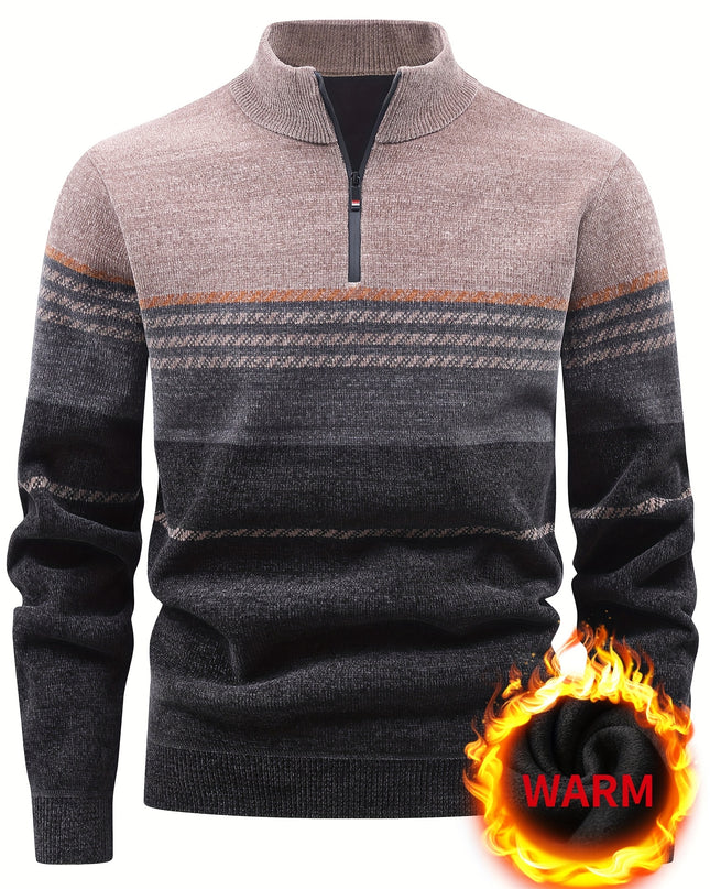 Men's Winter Knitted Pullover - Warm Fleece-Lined Zip Collar
