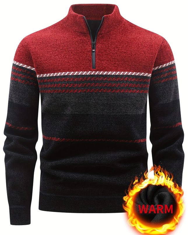 Men's Winter Knitted Pullover - Warm Fleece-Lined Zip Collar
