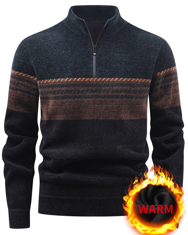 Men's Winter Knitted Pullover - Warm Fleece-Lined Zip Collar
