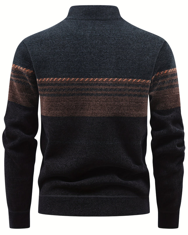 Men's Winter Knitted Pullover - Warm Fleece-Lined Zip Collar