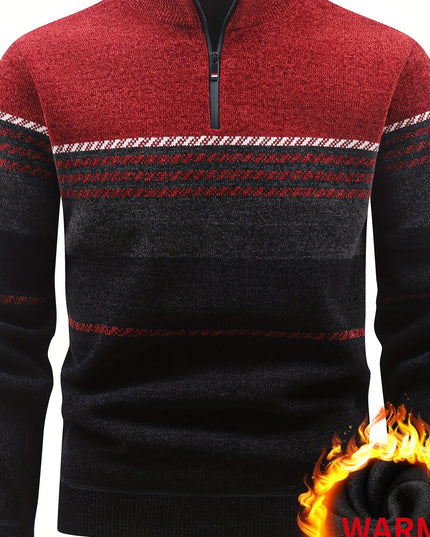 Men's Winter Knitted Pullover - Warm Fleece-Lined Zip Collar