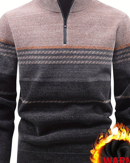 Men's Winter Knitted Pullover - Warm Fleece-Lined Zip Collar