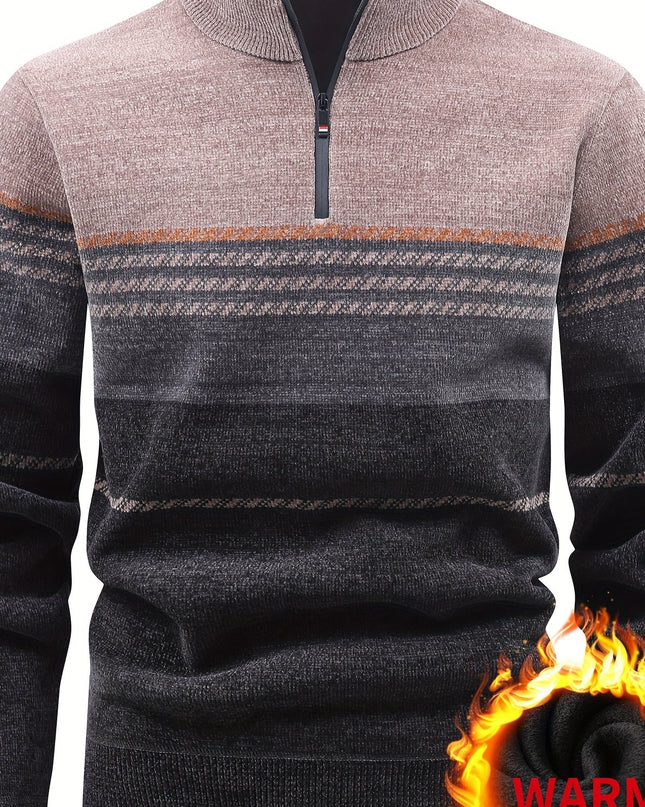Men's Winter Knitted Pullover - Warm Fleece-Lined Zip Collar