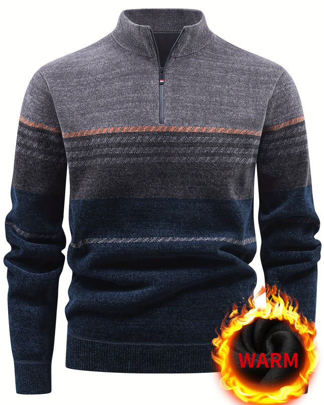 Men's Winter Knitted Pullover - Warm Fleece-Lined Zip Collar