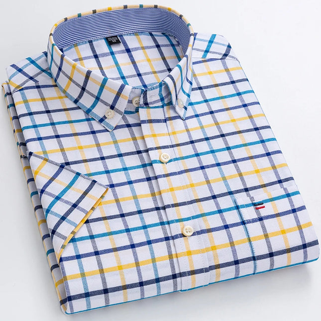 Plus Size Men's Oxford Summer Shirts - Vertical Stripes Short Sleeve