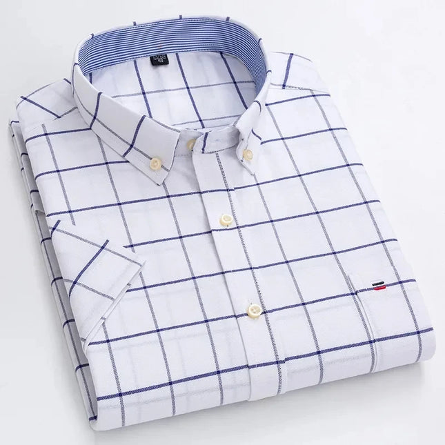 Plus Size Men's Oxford Summer Shirts - Vertical Stripes Short Sleeve