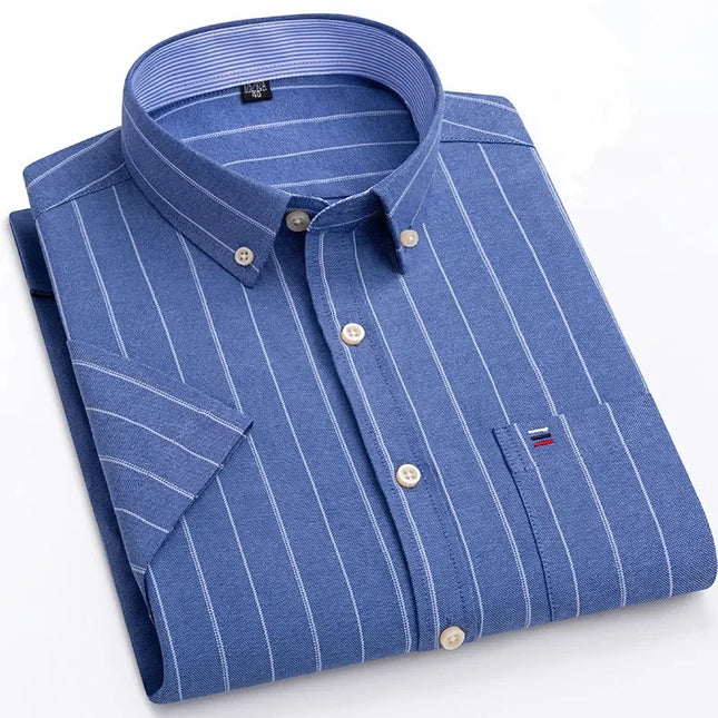 Plus Size Men's Oxford Summer Shirts - Vertical Stripes Short Sleeve