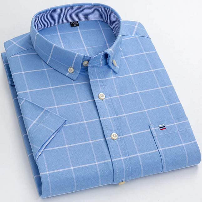 Plus Size Men's Oxford Summer Shirts - Vertical Stripes Short Sleeve