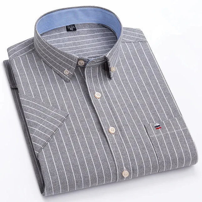 Plus Size Men's Oxford Summer Shirts - Vertical Stripes Short Sleeve