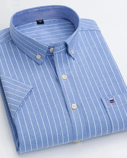Plus Size Men's Oxford Summer Shirts - Vertical Stripes Short Sleeve