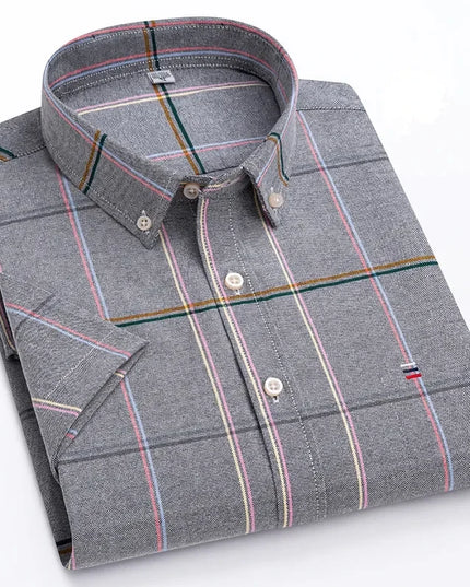 Plus Size Men's Oxford Summer Shirts - Vertical Stripes Short Sleeve