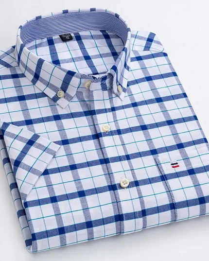 Plus Size Men's Oxford Summer Shirts - Vertical Stripes Short Sleeve