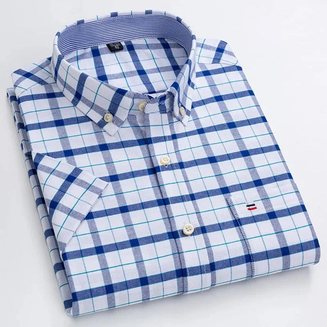 Plus Size Men's Oxford Summer Shirts - Vertical Stripes Short Sleeve