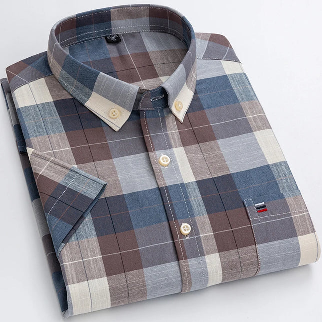 Plus Size Men's Oxford Summer Shirts - Vertical Stripes Short Sleeve