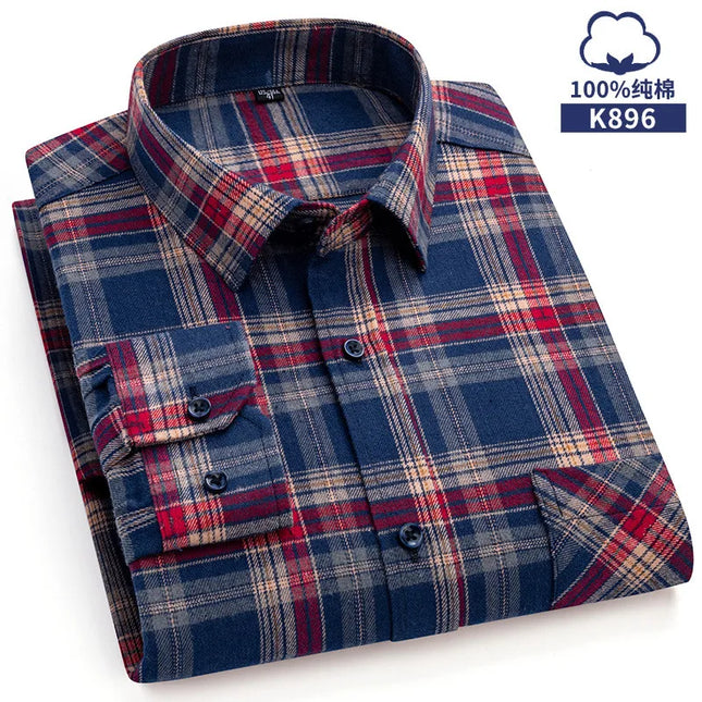 Pure Cotton Plaid Shirt for Men - Casual Long Sleeve Oversized Fit