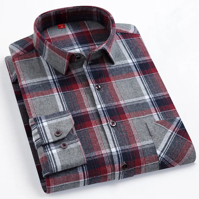 Pure Cotton Plaid Shirt for Men - Casual Long Sleeve Oversized Fit