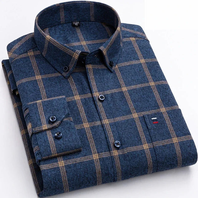 Pure Cotton Plaid Shirt for Men - Casual Long Sleeve Oversized Fit