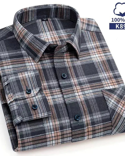 Pure Cotton Plaid Shirt for Men - Casual Long Sleeve Oversized Fit