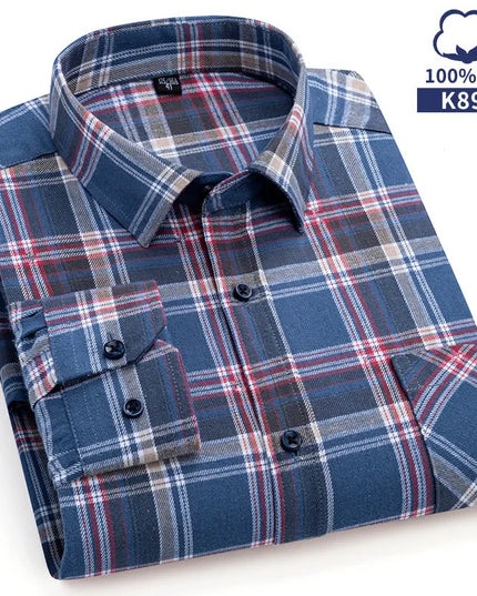 Pure Cotton Plaid Shirt for Men - Casual Long Sleeve Oversized Fit