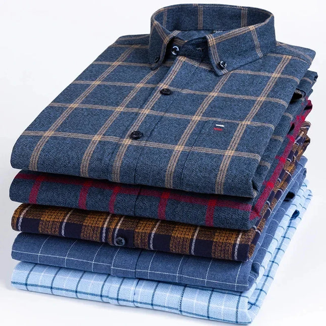 Pure Cotton Plaid Shirt for Men - Casual Long Sleeve Oversized Fit